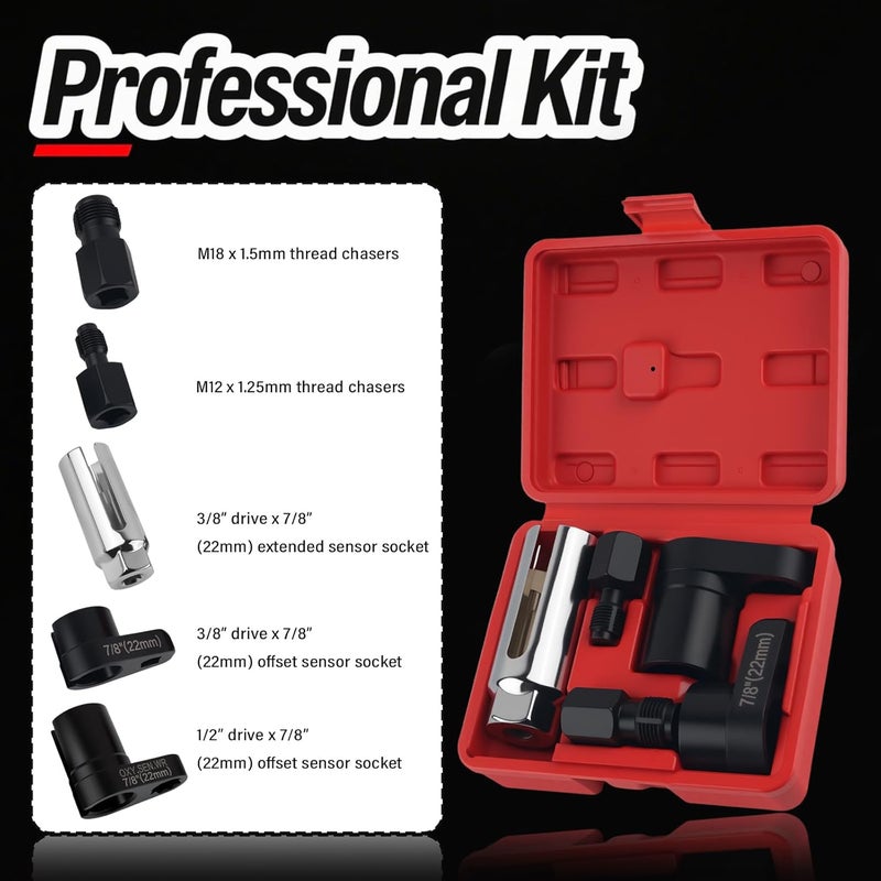 Figpade 5PCS Sensor Socket Set,M12 x 1.25mm & M18 x 1.5mm Thread Chaser Set with Side-Cut Access,Heavy Duty Automotive Tools for Sensor Removal and Installation - Image 4